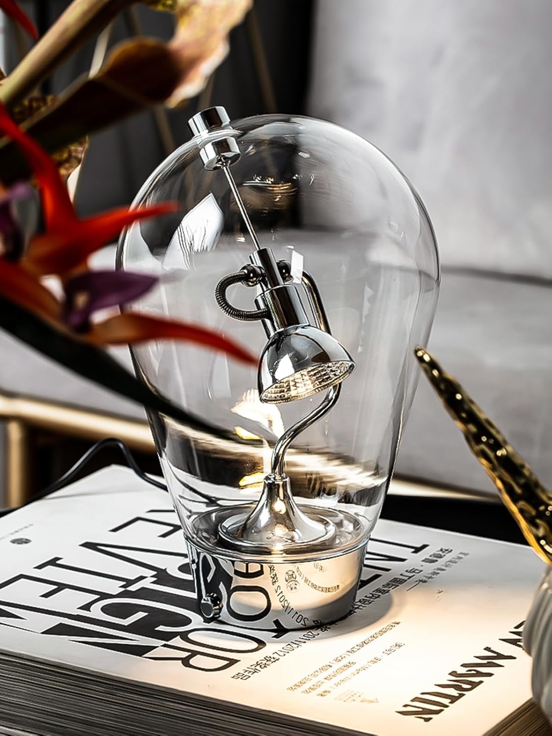 Modern Design Glass Table Lamp, Creative Nightstand Lamp with Clear Glass Shade