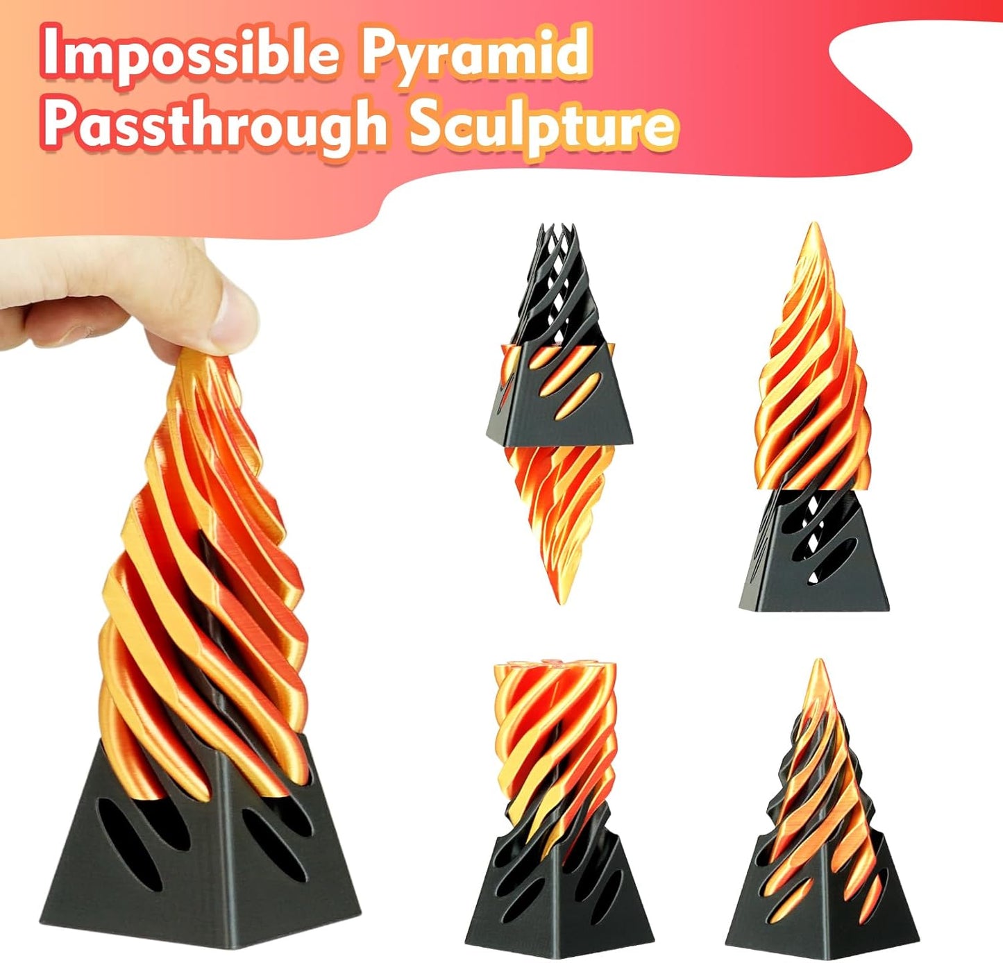 Impossible Pyramid Passthrough Sculpture, 3D Printed Spiral Cone Fidget Toy, 3D Printed Crafts, Adult Decompression Toys, Decompression Toys and Gifts for Kids,Stress Relief Desk Toy (Black Gold)