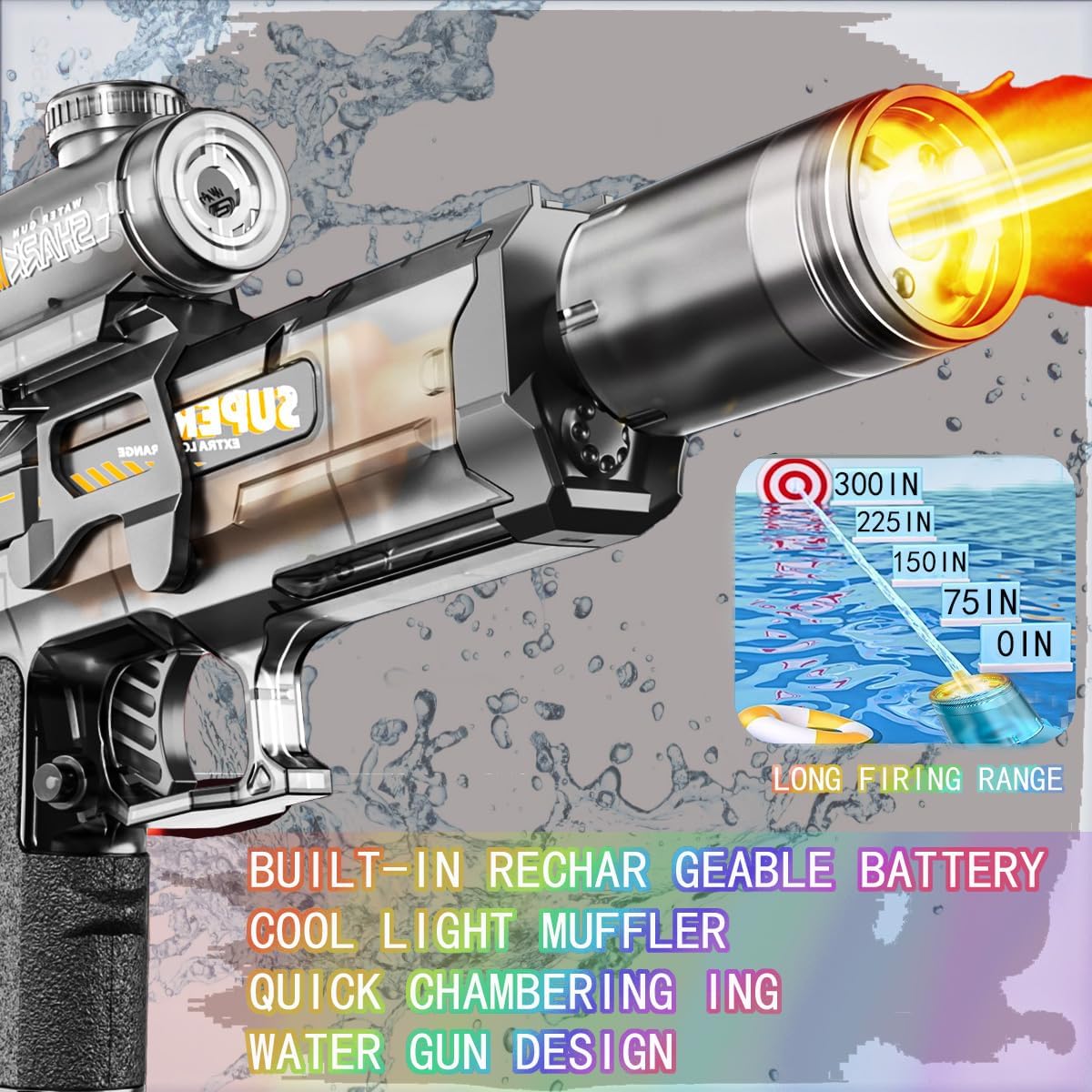 Electric Water Gun - Rechargeable High-Power Water Blaster with LED Lights | 50ft Range for Pool Parties & Backyard Battles